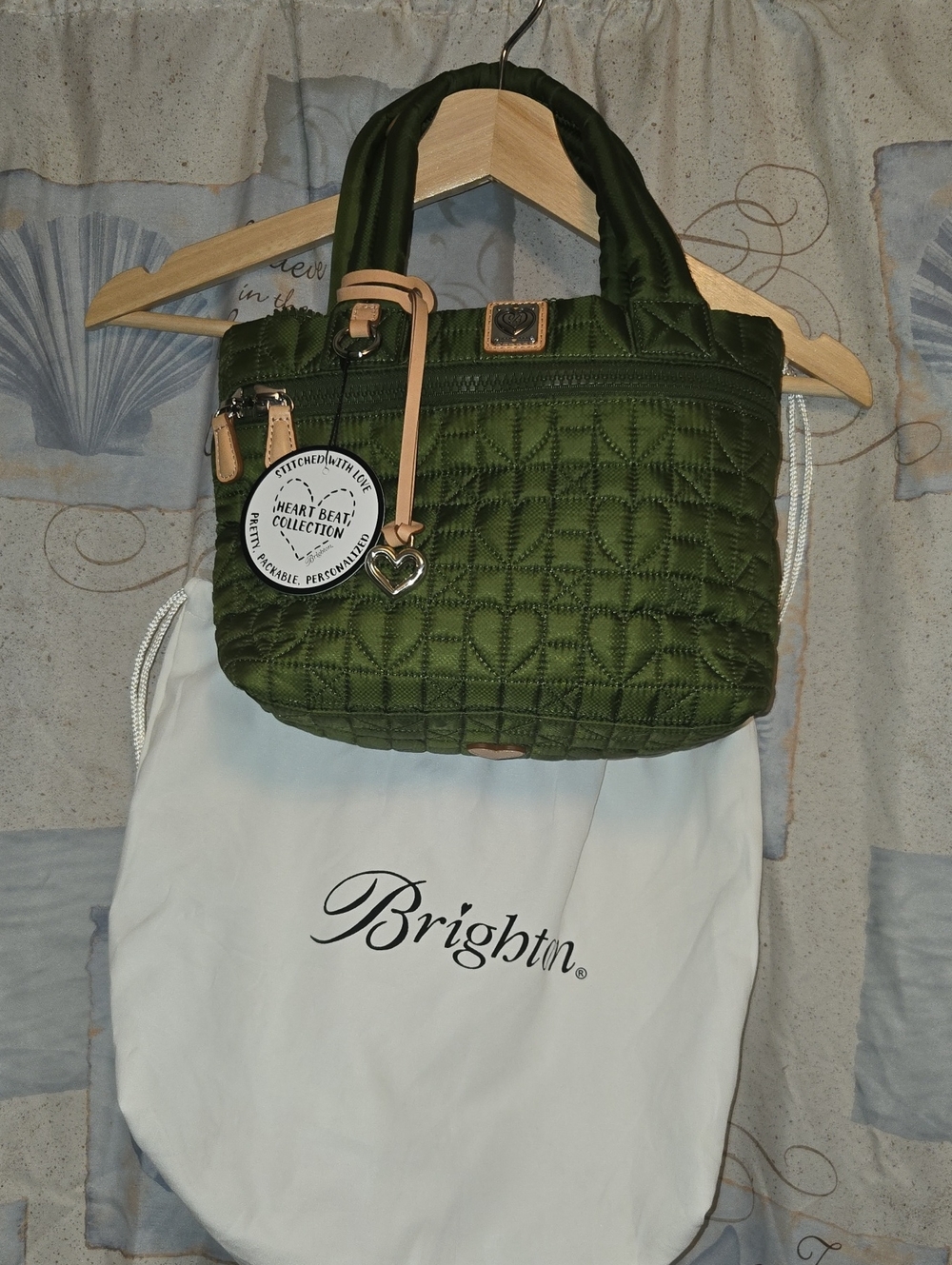Brighton Olive Green Quilted Heart-Pattern Shoulder Bag with Tan Accents